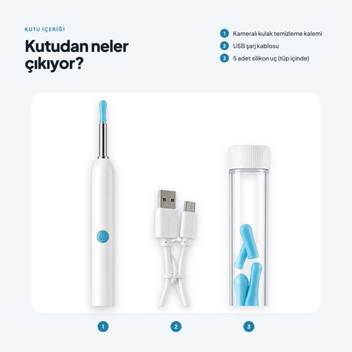 Vizora Kalem kutu içeriği: kalem, USB şarj kablosu, tüp içinde 5 silikon uç