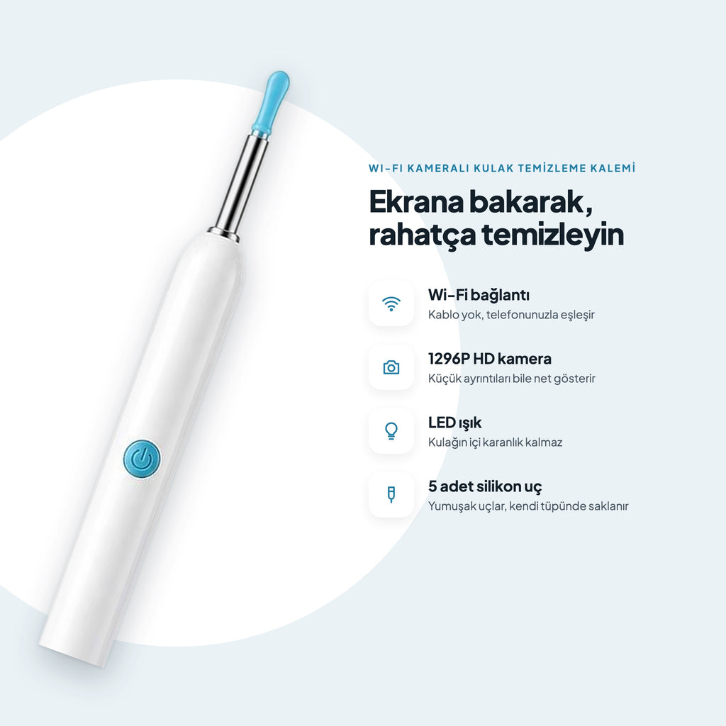 Vizora Kalem özellikleri: Wi-Fi, 1296P HD kamera, LED ışık, 5 silikon uç