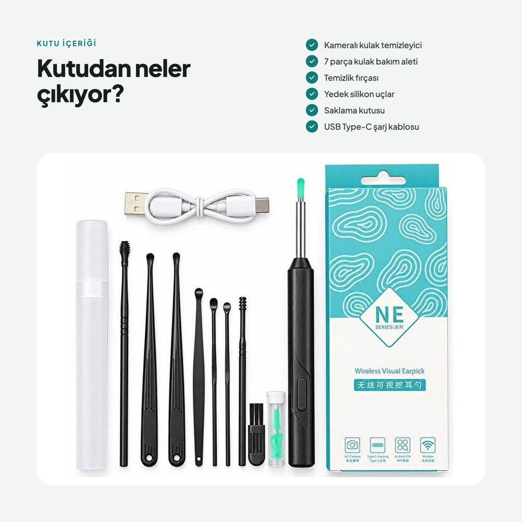 Vizora Set kutu içeriği: cihaz, 7 parça bakım aleti, fırça, yedek uçlar, saklama tüpü, Type-C kablo